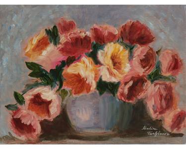 Bouquet of yellow and pink peonies oil on canvas still life thumb