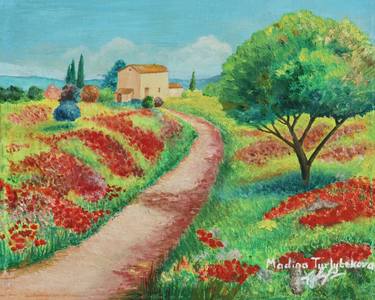 Summer Provence oil on canvas field wildflowers country house thumb