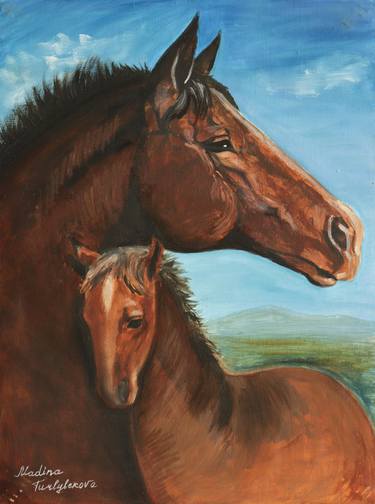 Horse and foal horses racing family child mother animalistic oil thumb