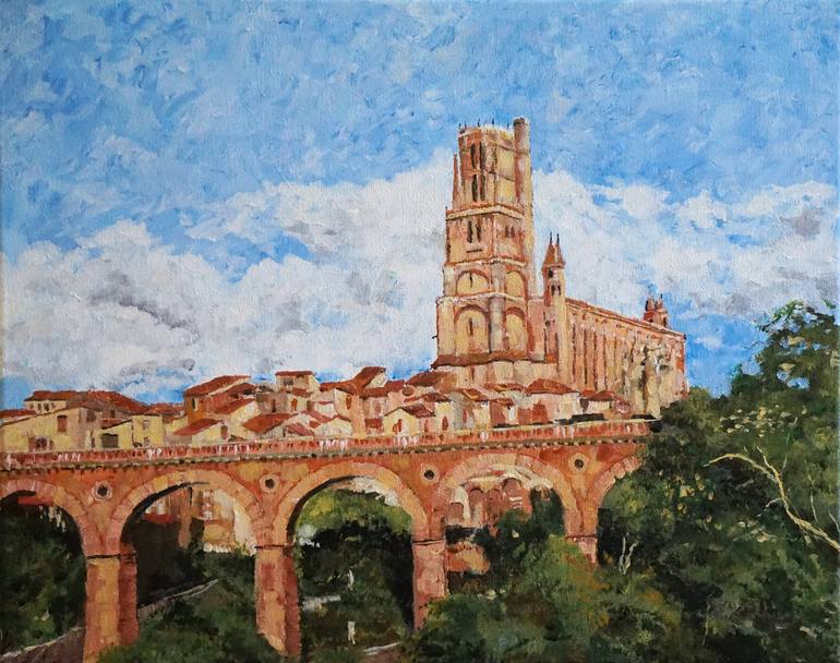 Original Architecture Painting by Russell Johnson | Impressionism Art on Canvas | THE BRIDGE AND CATHEDRAL AT ALBI