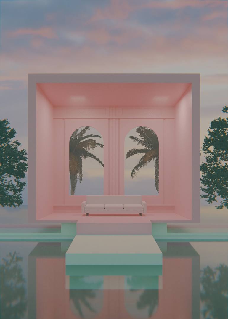 Pink Room Pool  3D Surrealism Render Artwork - Print