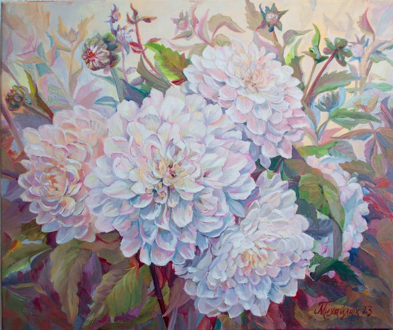White dahlias Painting by Galyna Mykhaylyuk | Saatchi Art