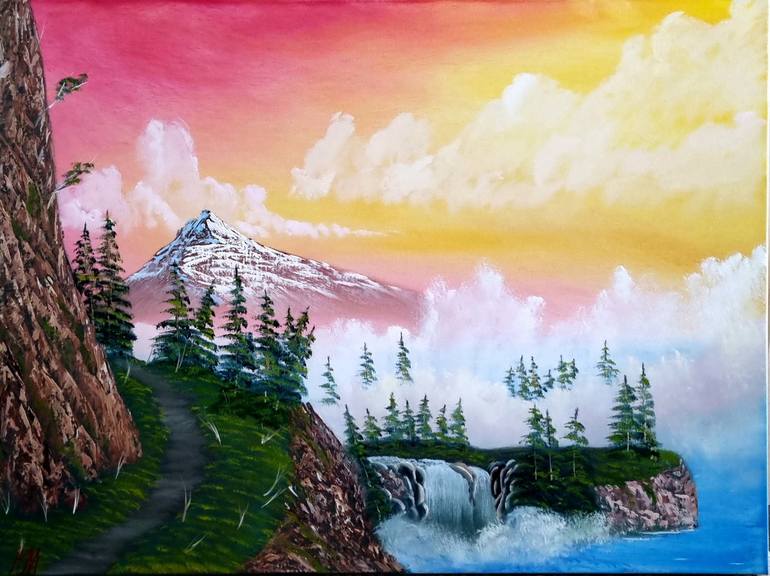 Cliffside Walk Beside Misty Waterfall Painting by Andrew Murray ...