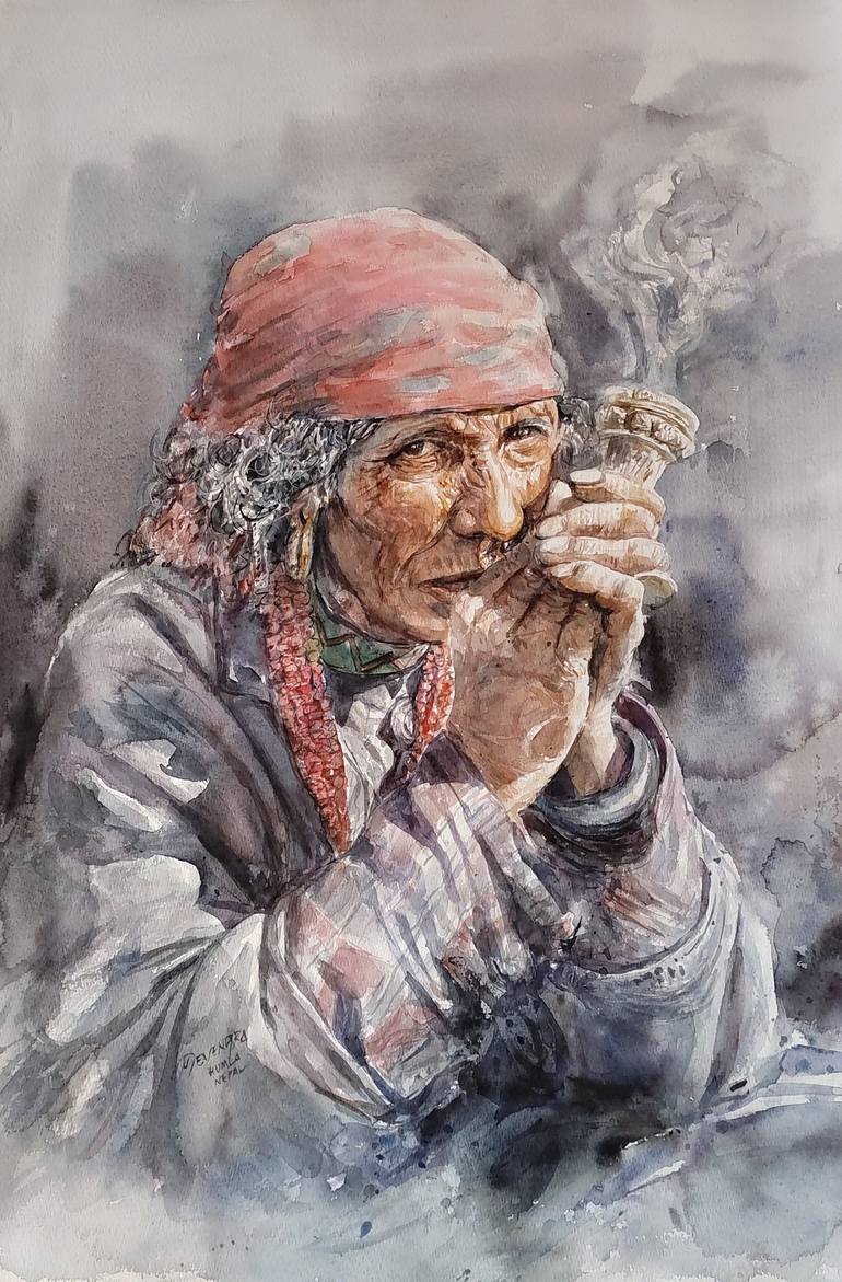The Old Woman and Her Hookah Painting by Devendra Poudyal