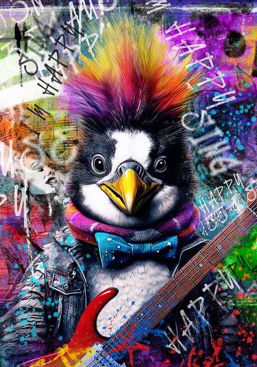 Saatchi Art Artist Harry Hit Art; Digital, “"I'm Only Happy When I Sing" Punk Penguin” #art