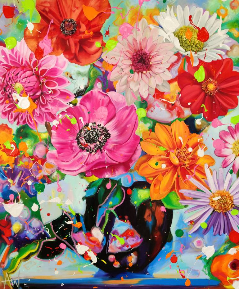 Original Floral Painting by Angie Wright | Expressionism Art on Canvas | Bloom Brightly - Vibrant Floral Burst in Orange and Pink