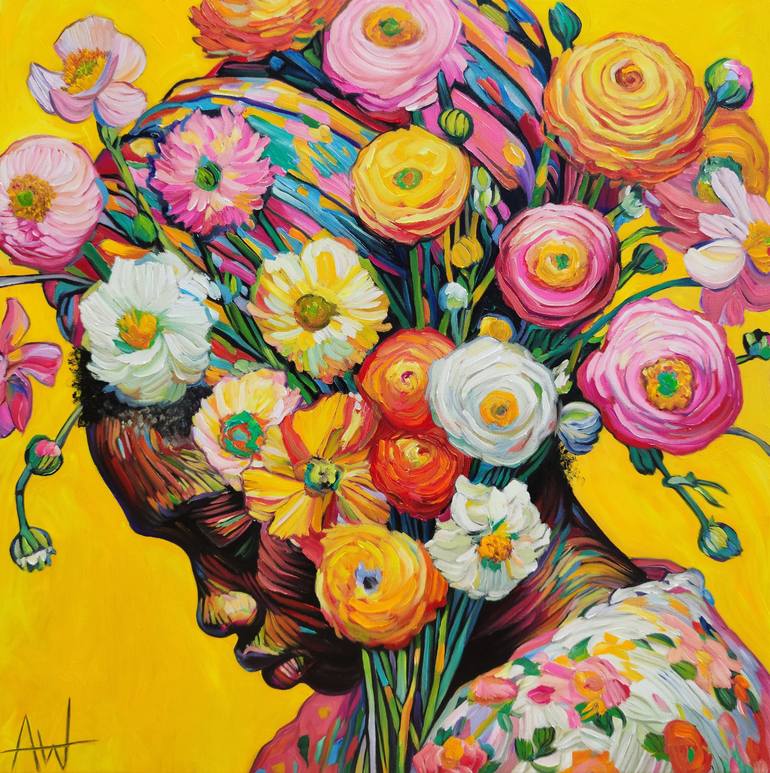 Original People Painting by Angie Wright | Contemporary Art on Canvas | A Head Full of Flowers - Yellow Portrait of a Woman