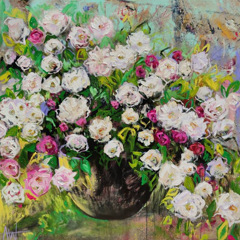 Original Floral Painting by Angie Wright | Abstract Expressionism Art on Canvas | Summer Rose Cascade - Pink and White Flowers in a Garden