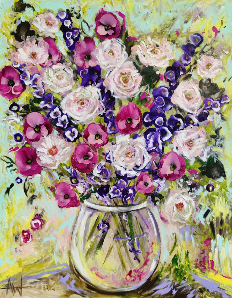 Original Floral Painting by Angie Wright | Abstract Art on Canvas | Sunlit Blooms - Vibrant Pink and Purple Floral Oil