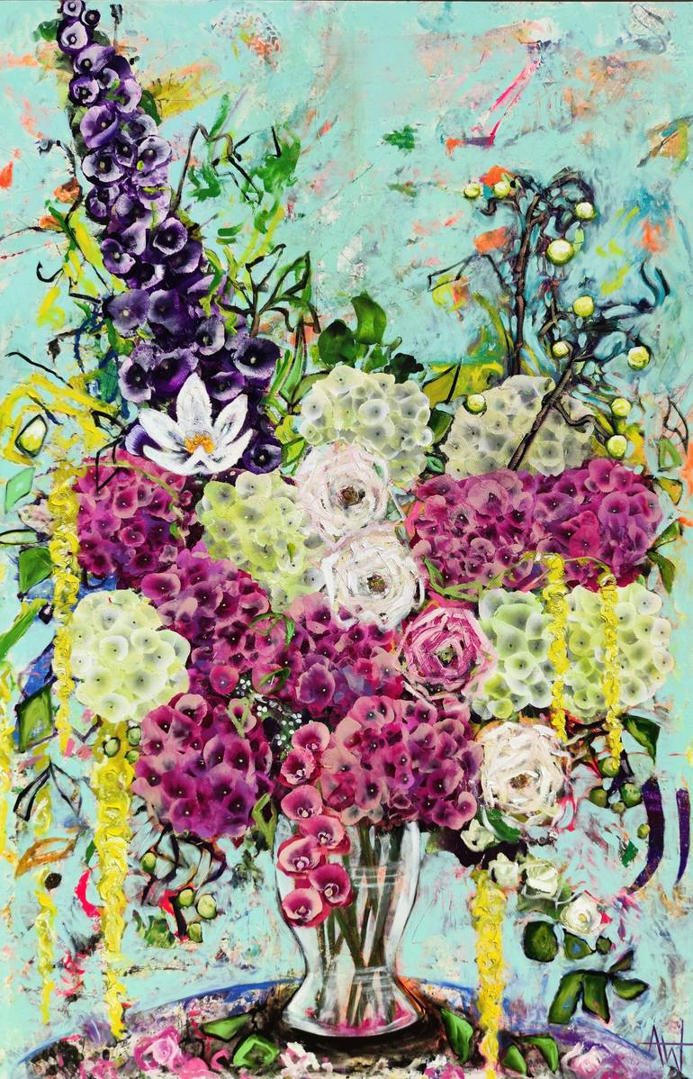 Original Floral Painting by Angie Wright | Abstract Art on Canvas | Strawberry Sundae - Pink Hydrangea and Orchid Flowers