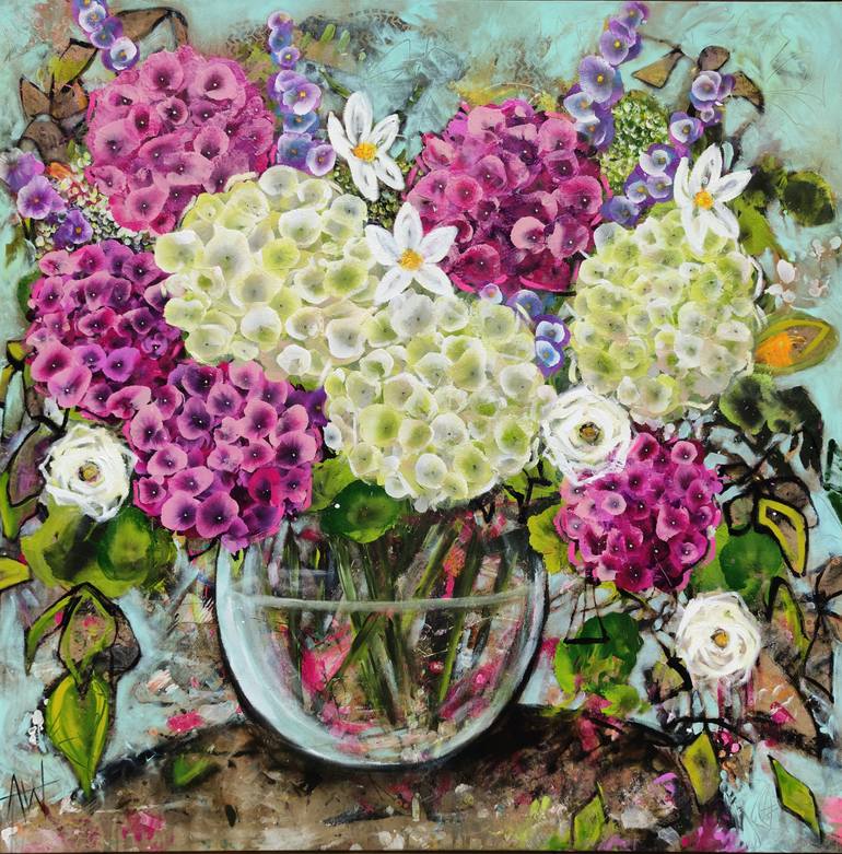 Original Floral Painting by Angie Wright | Abstract Expressionism Art on Canvas | Pink and White Hydrangea Blooms - Large Floral Still Life