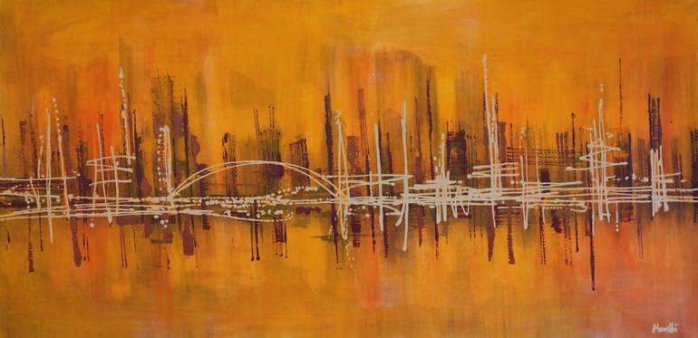 Original Cities Painting by Maria Moretti | Art Deco Art on Canvas | Sunset in the City