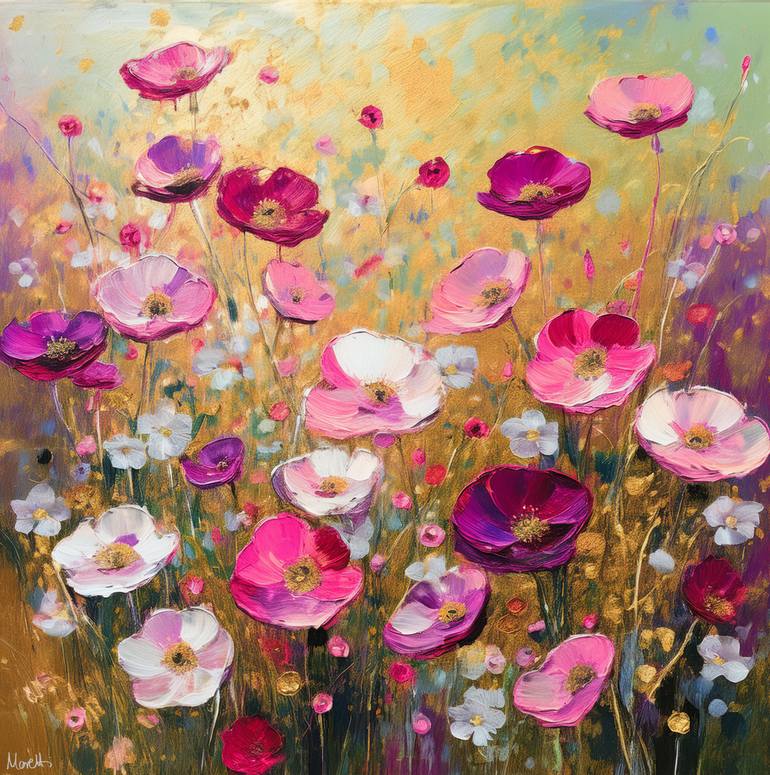 Original Floral Painting by Maria Moretti | Art Deco Art on Canvas | Pink and rose - flower