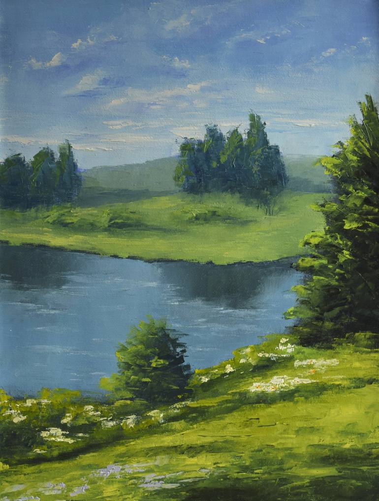 Summer Landscape Lake Artwork Oil painting Original art Painting