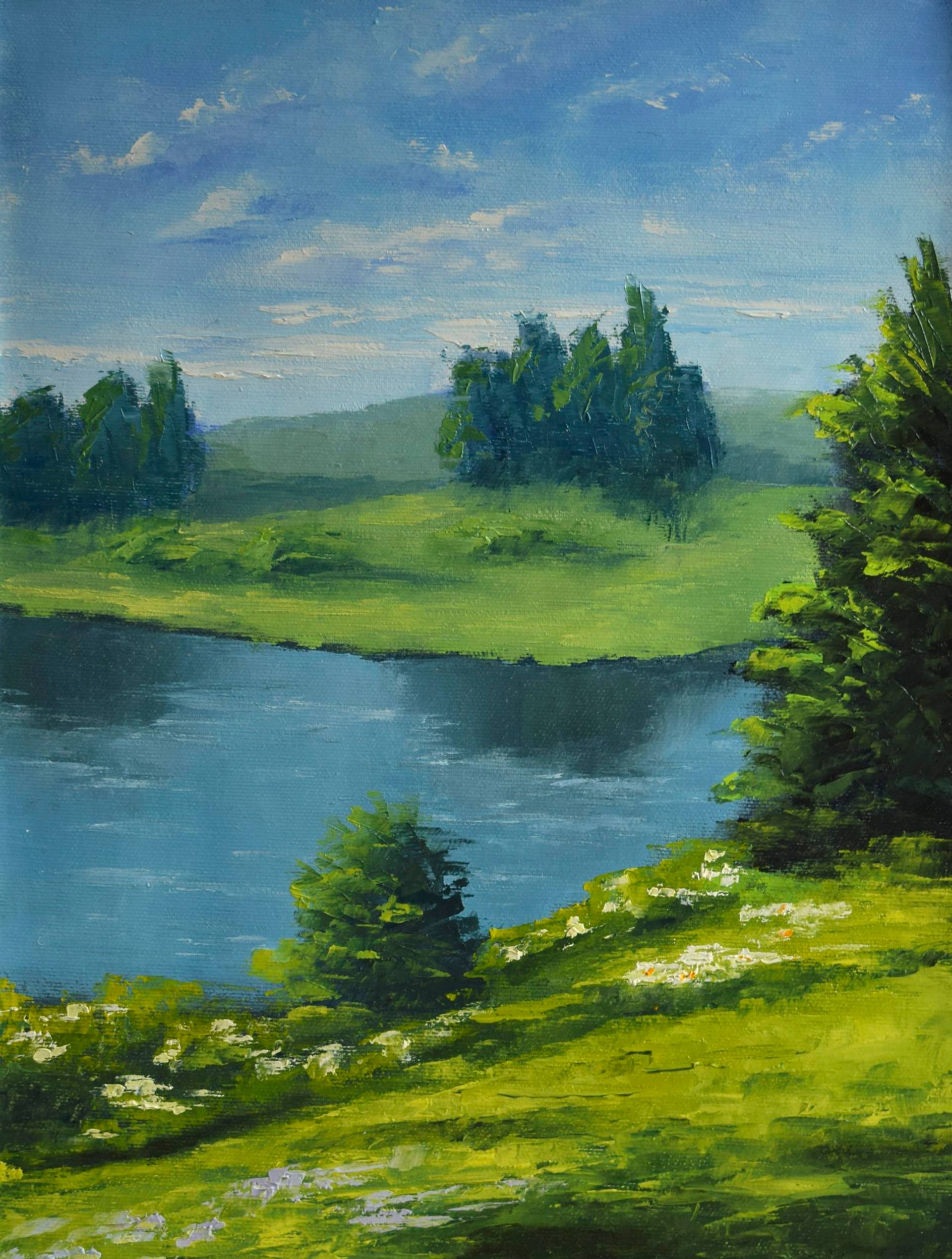 Summer Landscape Lake Artwork Oil painting Original art Painting