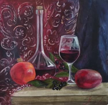 Still life with a glass of red wine and a pomegranate thumb