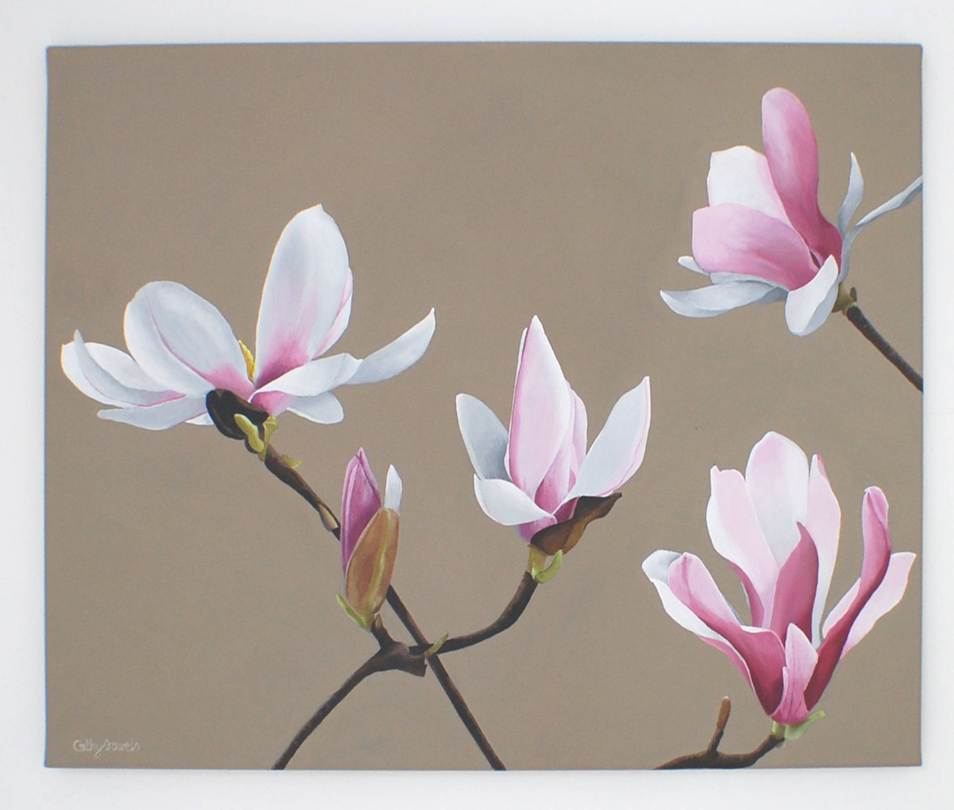Magnolia Painting - Pink White Magnolia Flower & Bud Original Acrylic  Painting Decorative Wall Art