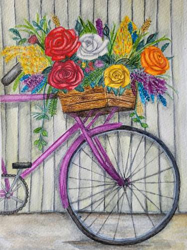 Purple bick with box flowers watercolor painting thumb