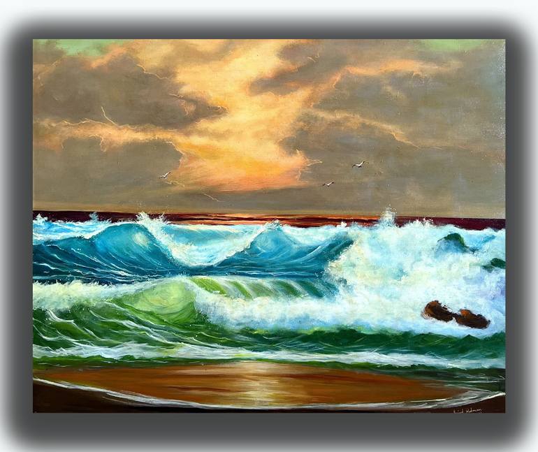 Original Beach Painting by Amjad Rahman | Art Deco Art on Canvas | sunset by the sea