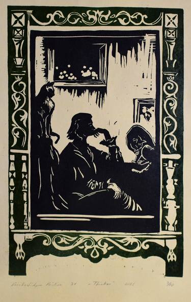 "Thinker" linocut woman with cats thumb