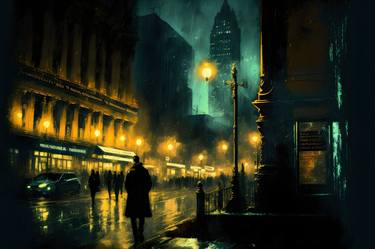Night City in the Rain, Digital Modern, Fine Art, Generative. thumb