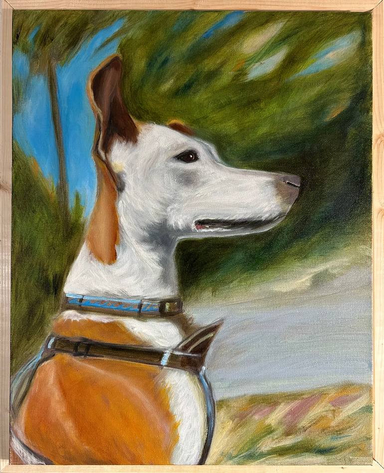 Original Animal Painting by Mike Taiyou | Realism Art on Canvas | Ziggy , waiting at the cafe wondering what mom bought for him