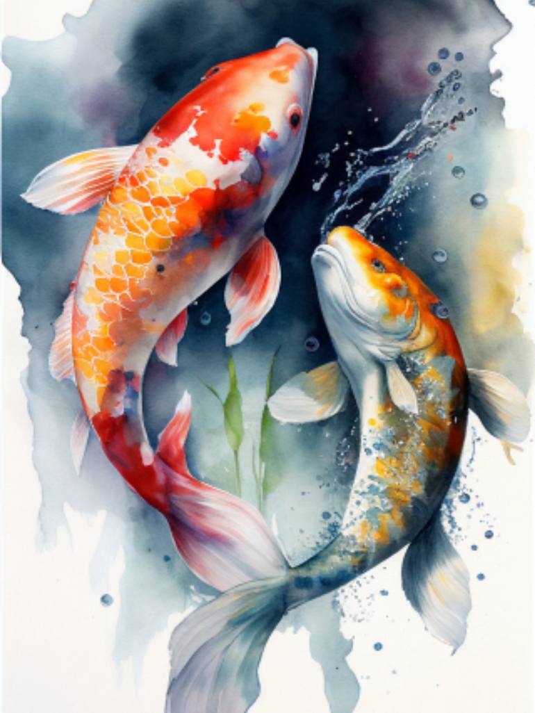 Koi Fish Watercolor Art Print, Printmaking by BERKANT INDIR