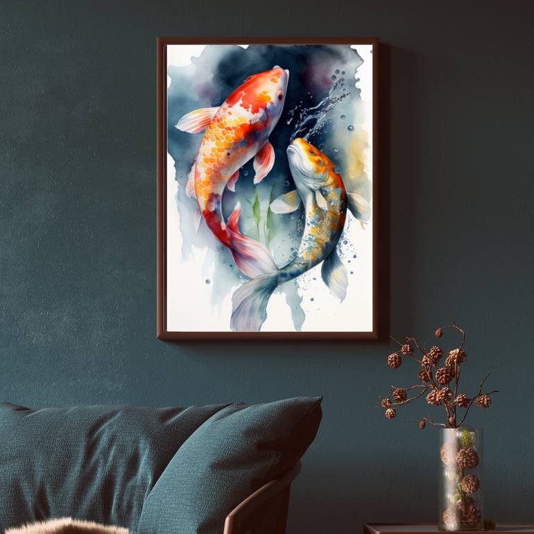 Koi Fish Watercolor Art Print, Printmaking by BERKANT INDIR