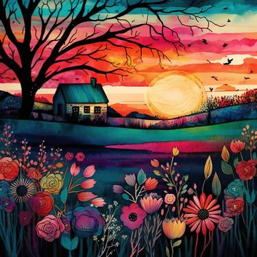 Print of Folk Landscape Mixed Media by Chromatic Fusion Studio