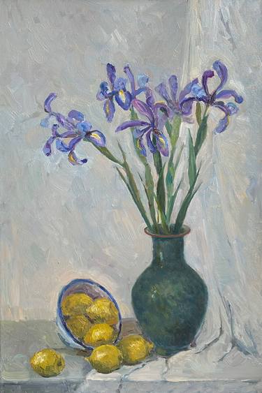 Still life with irises flowers and lemons thumb