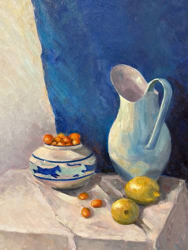 The sunny still life with antique vase, jug and citruses thumb