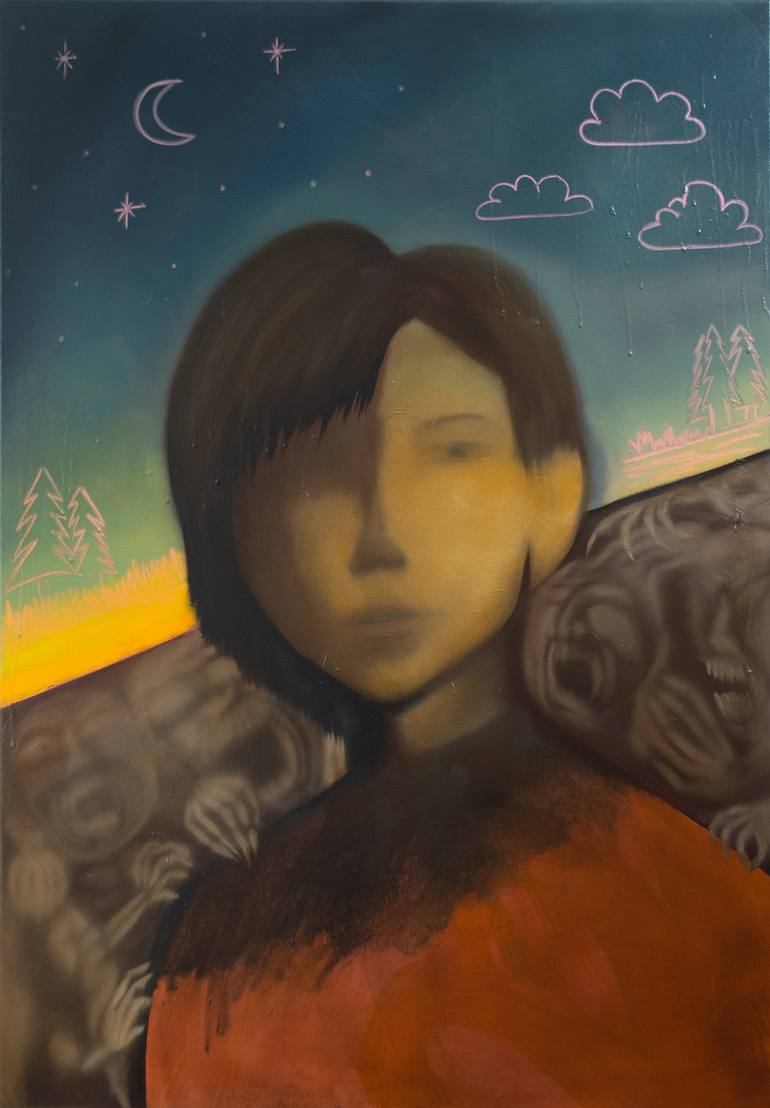 Original People Painting by Zsofia Racs | Surrealism Art on Canvas | The Street of Nightmares