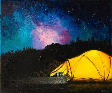 Camping under the Stars. Tent and camping oil painting thumb