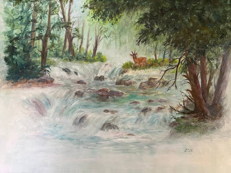 Waterfall and Deer Oil Painting: Deer in Forest Scene Original Painting by karen zuk rosenblatt