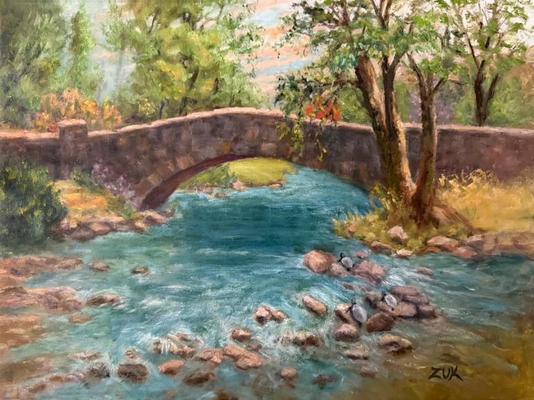 Original Landscape Painting by Karen Zuk Rosenblatt | Other Art on Canvas | Stone Bridge over Stream, Acadia National Park, Maine