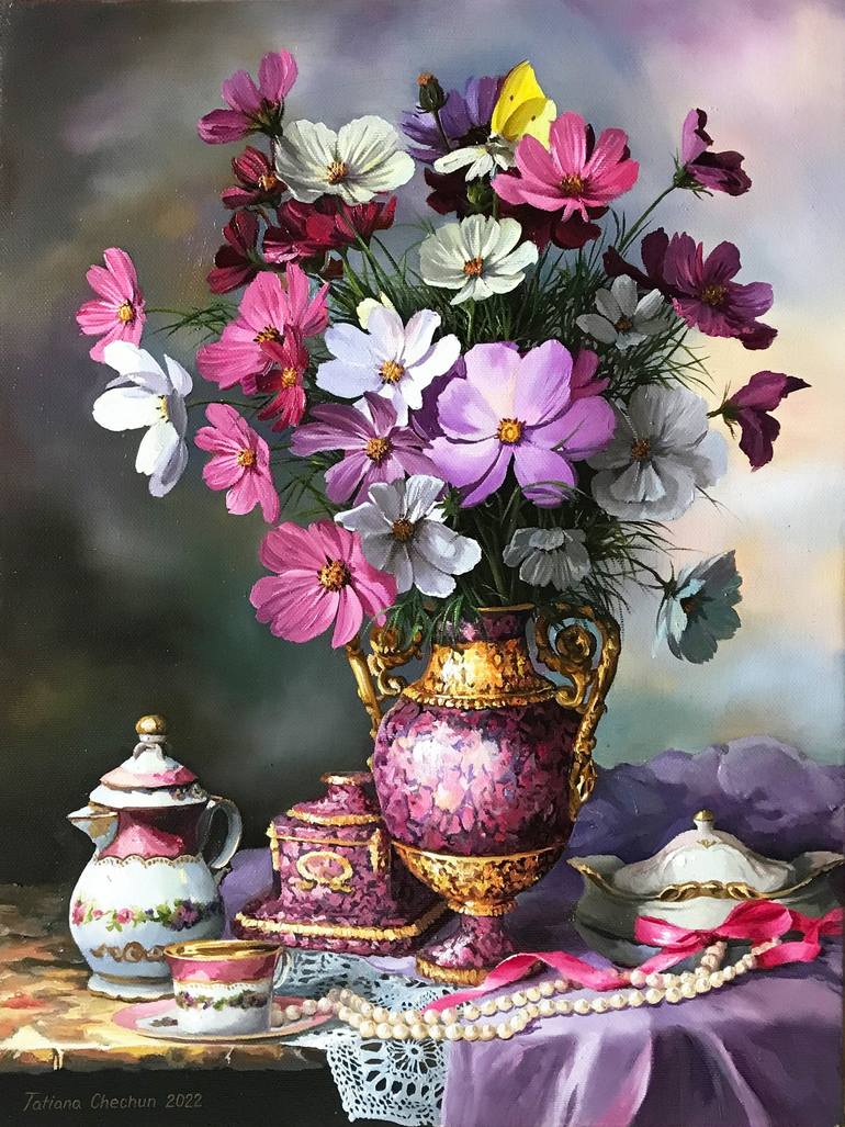 Still life with cosmos Painting by Tatjana Cechun | Saatchi Art