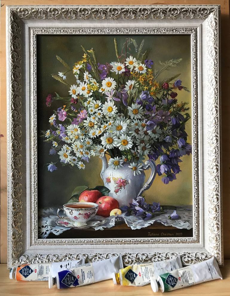 Still Life With Daisies And Wild Flowers Painting By Tatjana Cechun Saatchi Art