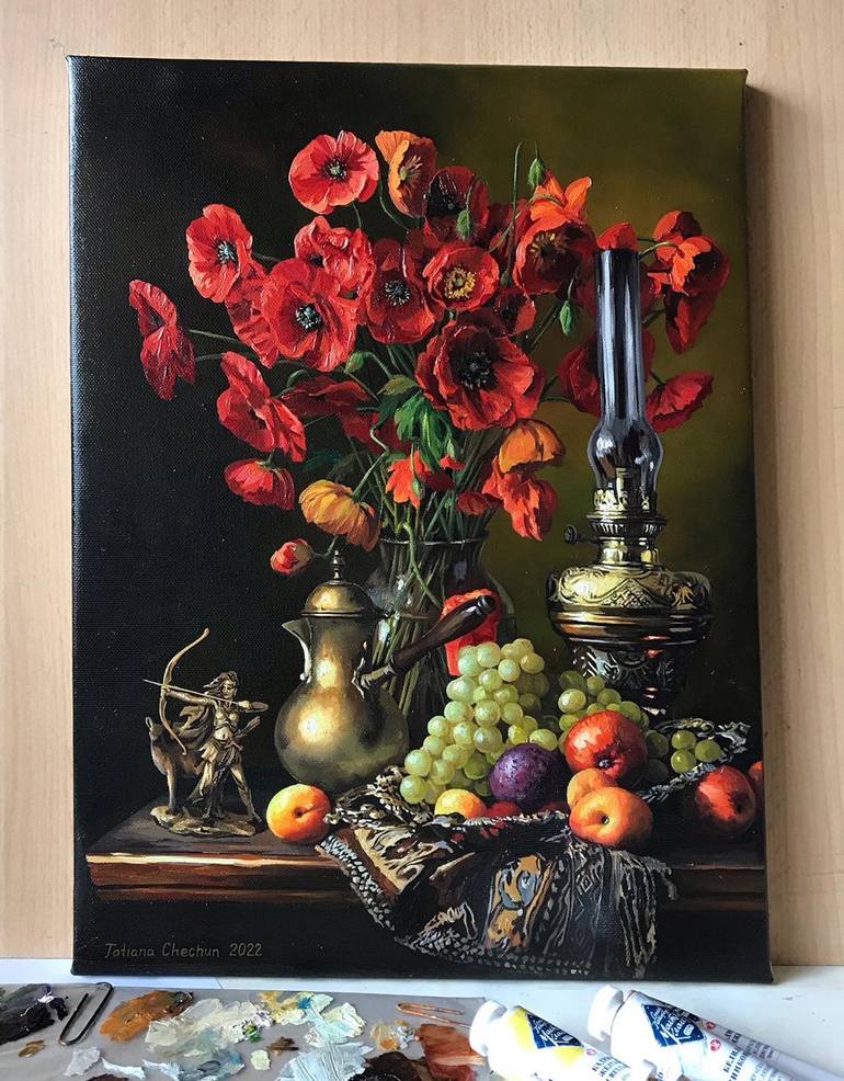 Still life with poppies and lamp Painting by Tatjana Cechun | Saatchi Art