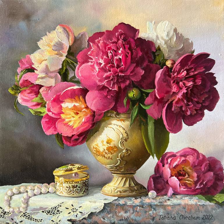 red peony oil painting