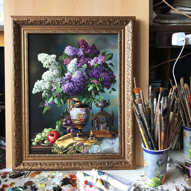 Lilac and clock Painting by Tatjana Cechun | Saatchi Art