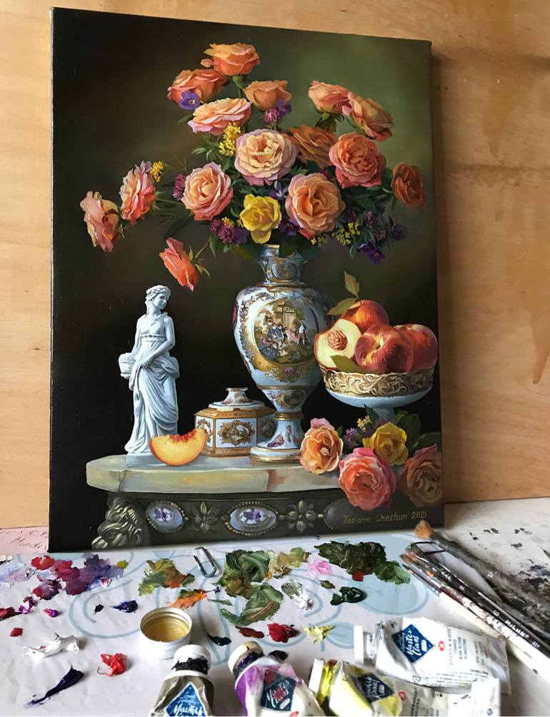 Still life with roses Painting by Tatjana Cechun | Saatchi Art