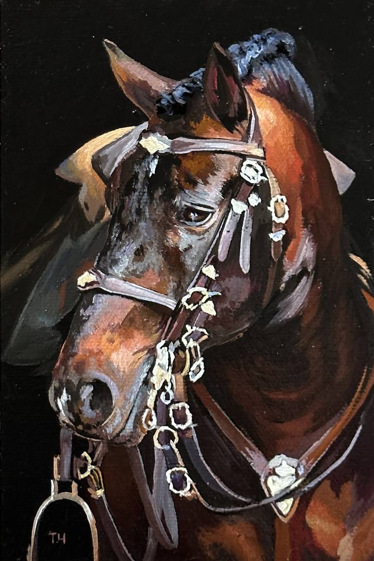 Miniature Brown horse in harness portrait Painting by Tatjana Cechun |  Saatchi Art, image size:770x1155