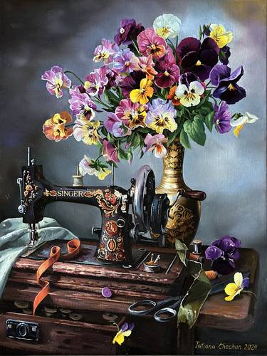 Pansies and a sewing machine «Singer» thumb