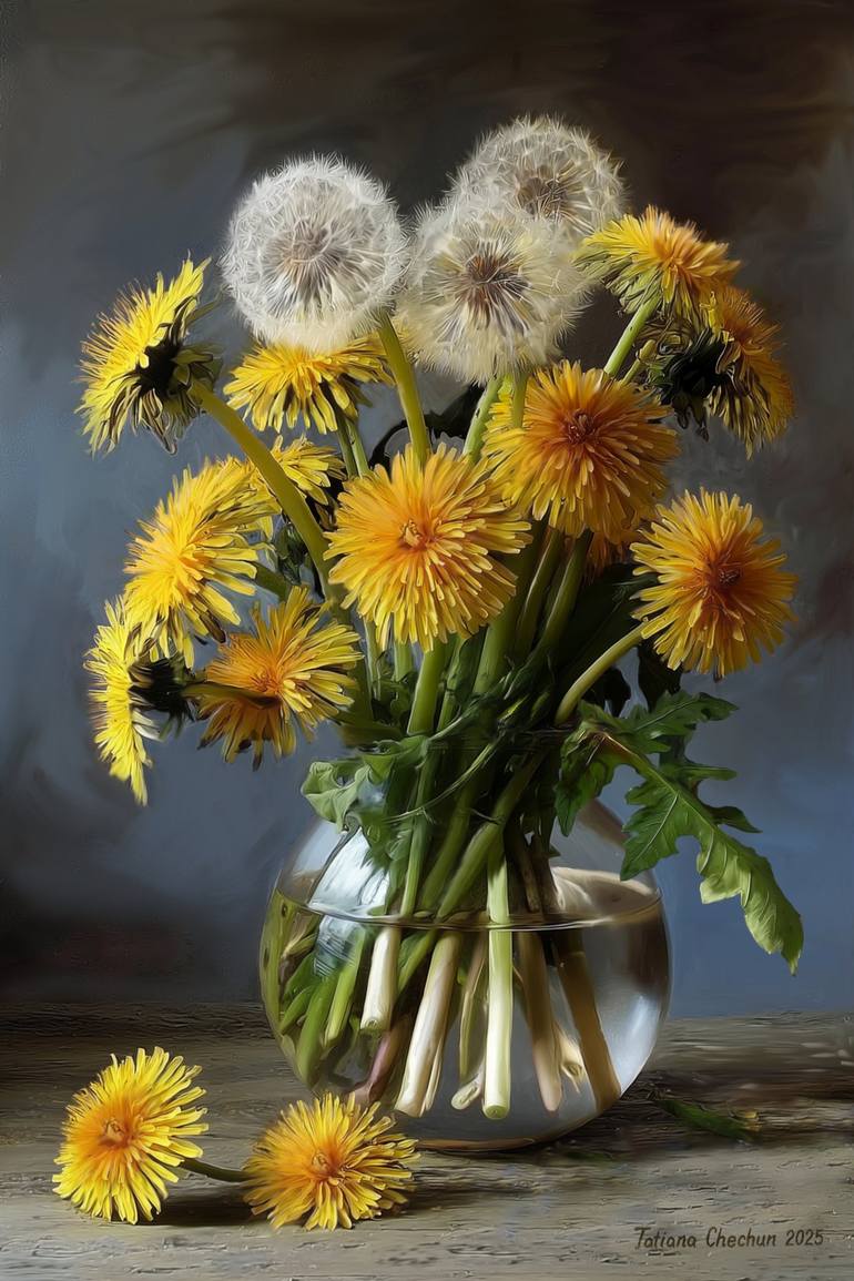 Dandelions in a glass vase. Oil painting. Painting by Tatjana Cechun ...