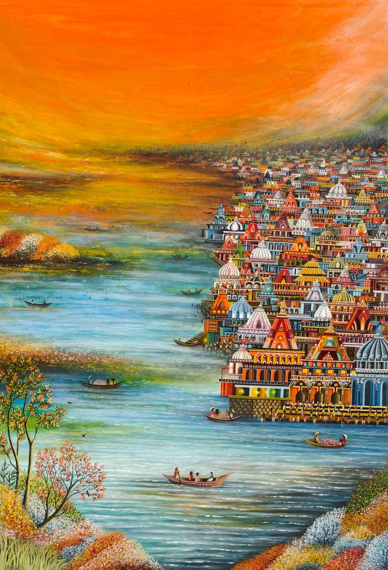 Original Abstract Painting by Asmita Singh | Abstract Art on Canvas | Sunset over the spiritual city