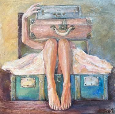 Girl in suitcase. Oil painting thumb