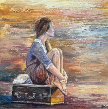 Girl on suitcase. Oil painting thumb