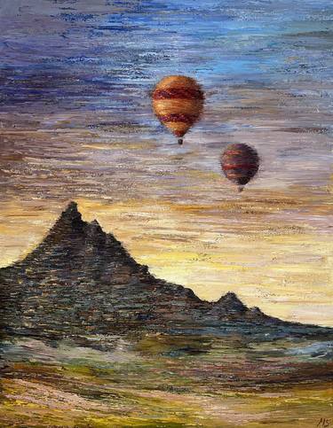 landscape with hot air balloon. Oil painting on canvas thumb
