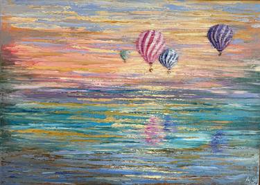 landscape with hot air balloon. Oil painting on canvas, rammed thumb