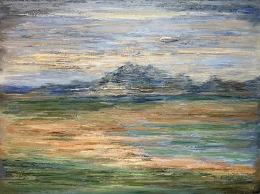 Landscape with Zeppelin and mountains. Oil painting on canvas thumb